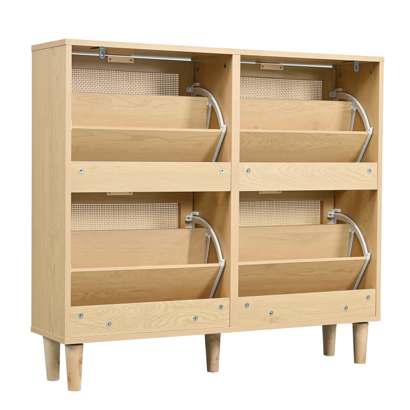 Modern Rattan Shoe Cabinet with 4 Flip Drawers, Space-Saving Storage Organiser Cupboard with Adjustable Shelves, 100L x 25W x 90.5H cm, Light Oak