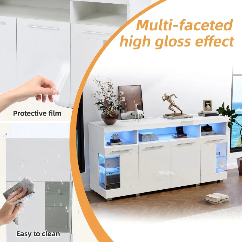 High-Gloss Sideboard with Bluetooth LED Lighting, Modern Storage Cabinet with 3-Tier Tempered Glass Shelves, 140L x 40W x 70H cm, White