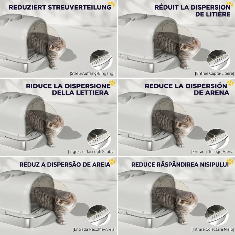 PawHut Litieră închisă pentru pisici, L, din oțel inoxidabil, cu mâner, lopățică și deodorant, anti-împrăștiere, gri