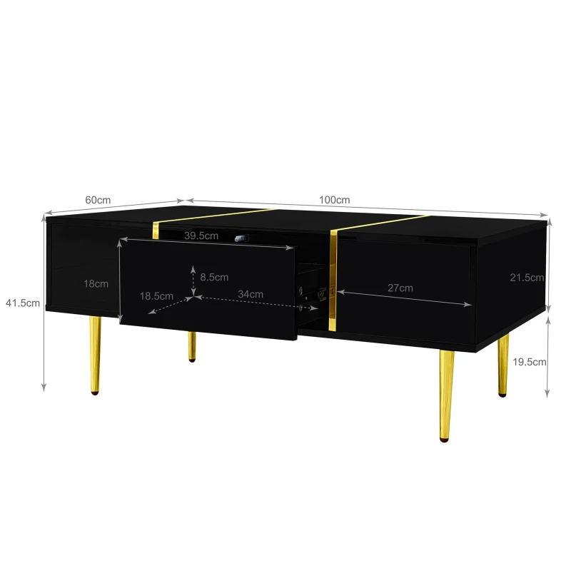 High-Gloss Coffee Table with Two Drawers and 19.5 cm Clearance, Modern Center Table for Living Room, 100L x 60W x 41.5H cm, Black+Gold