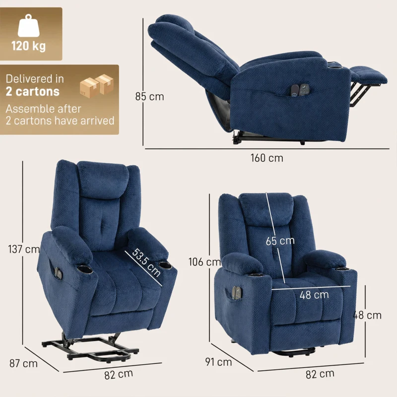 HOMCOM Sillón Elevador Eléctrico Masaje por Vibración y Calor, Sillón Relax Eléctrico en Terciopelo, Respaldo Inclinable Azul