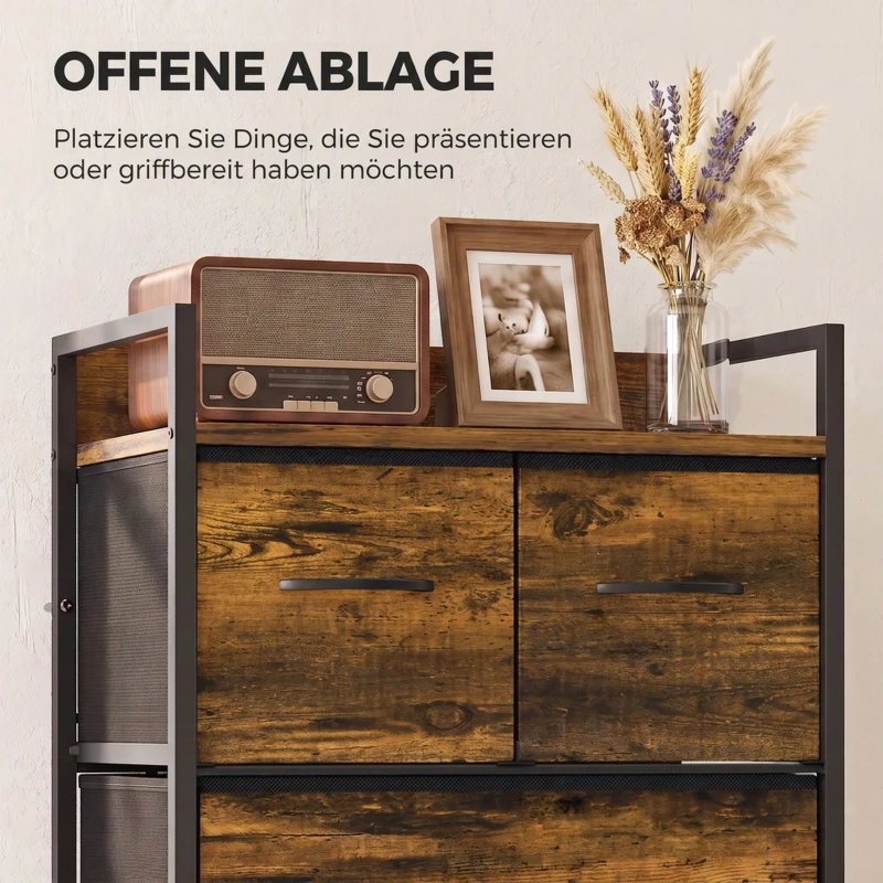HOMCOM Kommode, Sideboard, 4 Stoffschubladen, Industrial Design, 50x29x85cm, Braun/Schwarz