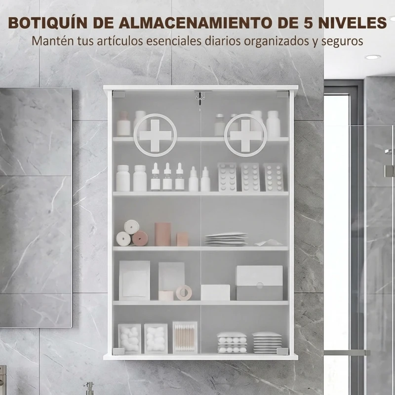 HOMCOM Botiquín de Pared de 5 Niveles con 2 Puertas de Cristal Estantes Ajustables Cerradura y 2 Llaves 60x17x82,5 cm Blanco