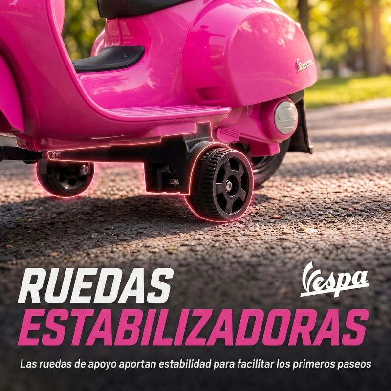 AIYAPLAY Moto Eléctrica para Niños Licencia Mini Vespa GTS 2 Ruedas Auxiliares Batería de Litio Faro Bocina Respaldo Rosa