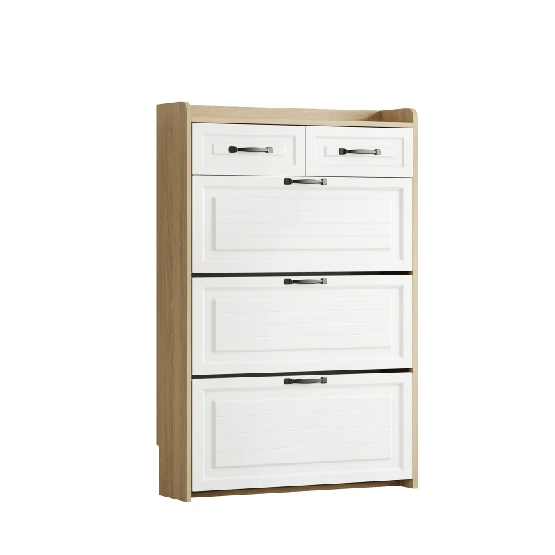 Modern Wooden Shoe Cabinet with 3 Flip Louvered Doors, Space-Saving Organiser Cupboard with 2 Drawers, 80L x 23.5W x 131H cm, White+Natural