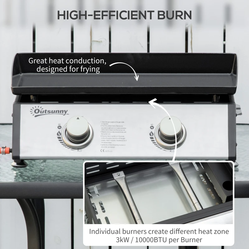 Outsunny Gas Plancha Barbecue Grill with 2 Stainless Steel Burner, 5kW, Portable Tabletop Gas BBQ with Non-Stick Griddle for Camping Picnic Garden Party Festival