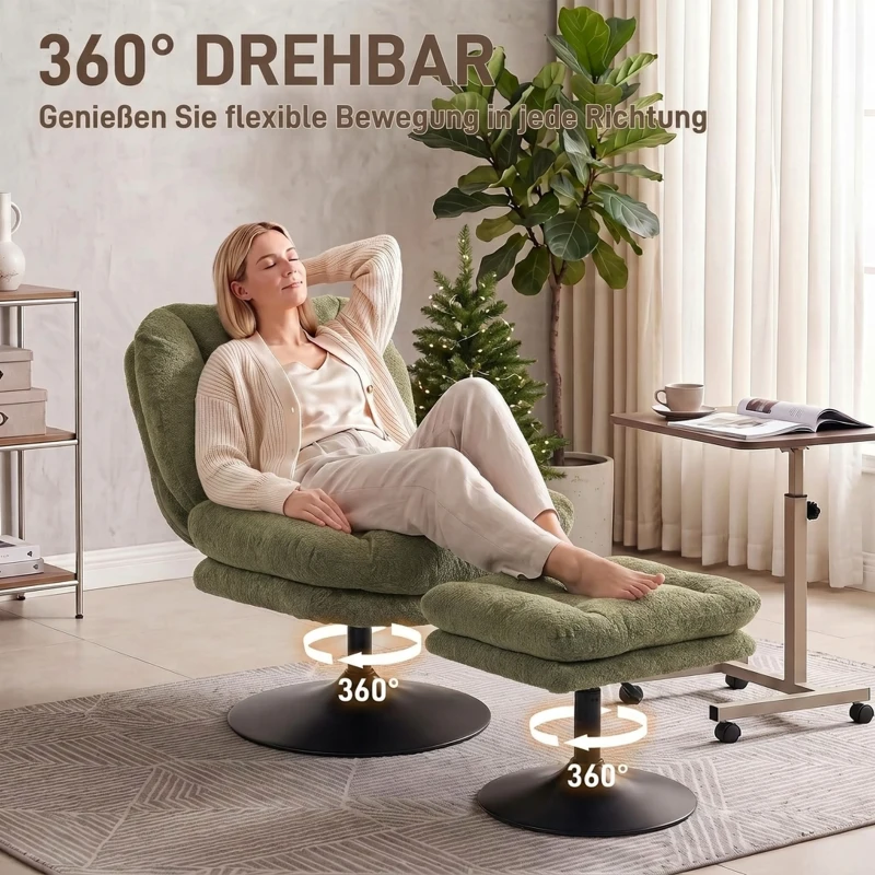 HOMCOM Loungesessel mit Hocker, 360° drehbar, aus Raindrop-Samt, höhenverstellbarer Fußhocker, Grün