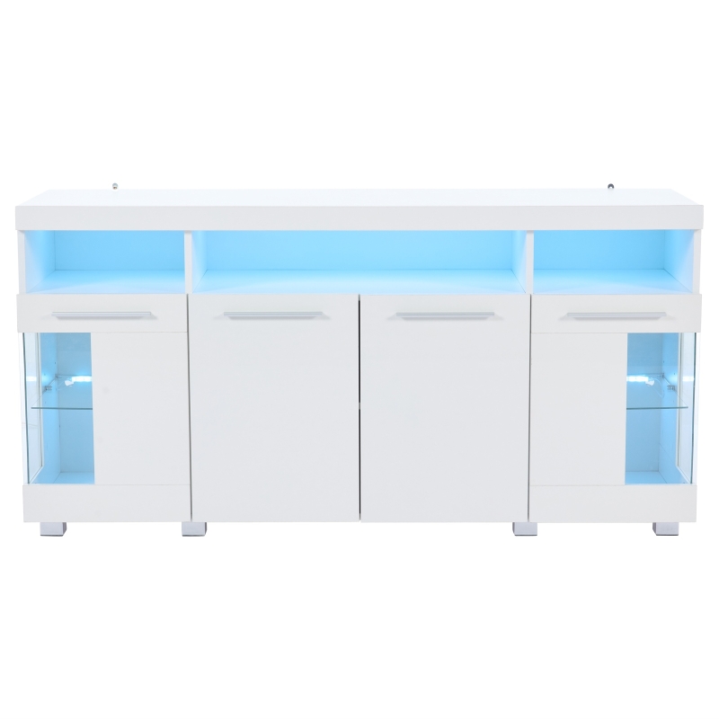 High-Gloss Sideboard with Bluetooth LED Lighting, Modern Storage Cabinet with 3-Tier Tempered Glass Shelves, 140L x 40W x 70H cm, White