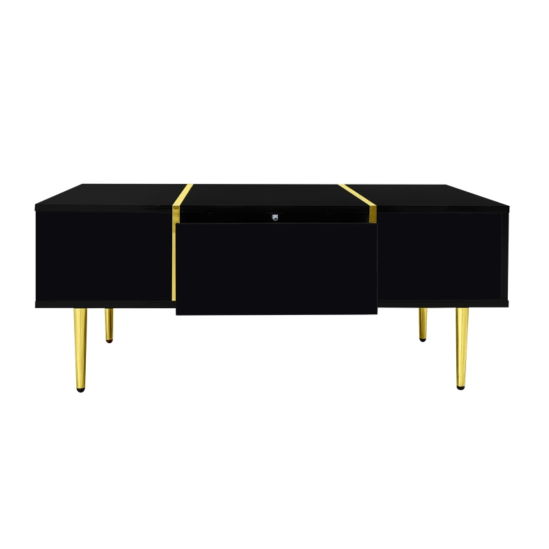 High-Gloss Coffee Table with Two Drawers and 19.5 cm Clearance, Modern Center Table for Living Room, 100L x 60W x 41.5H cm, Black+Gold