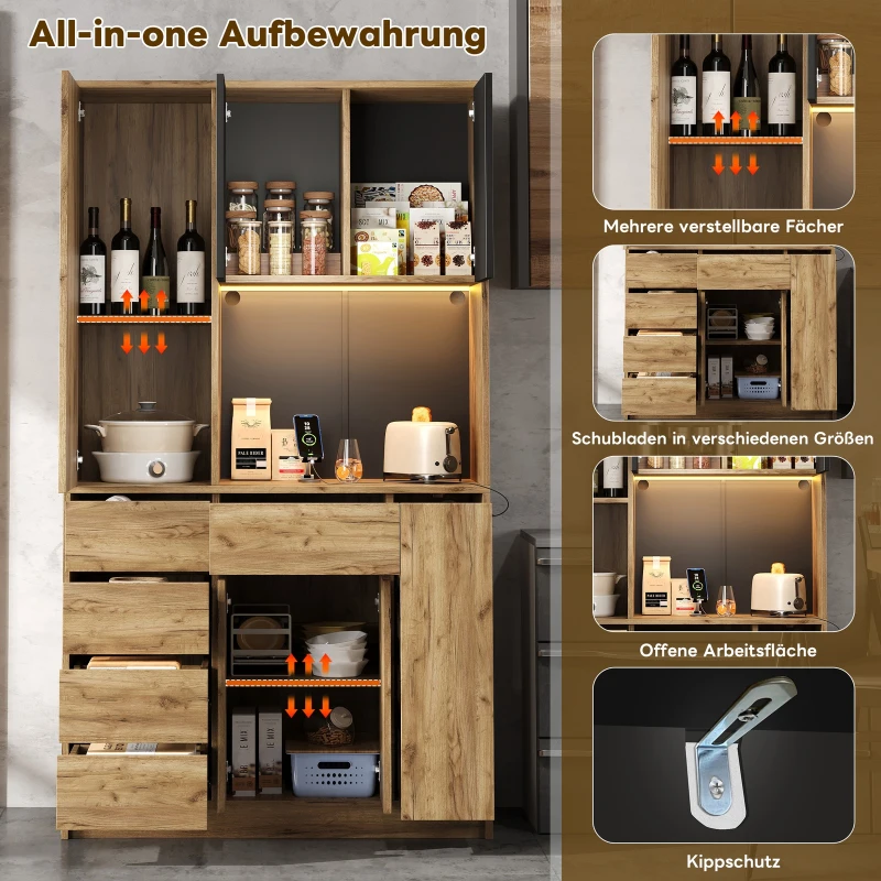 Modern Tall Kitchen Pantry Sideboard with 4-Tier Pull-Out Organiser, Freestanding Storage Cupboard with Power Outlets, 105L x 40W x 185H cm, Black