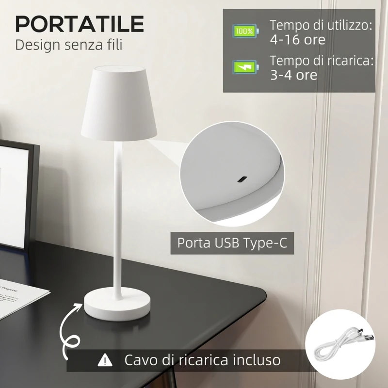 HOMCOM Lampada da Tavolo Portatile in Acrilico e Metallo da 3600mAh con Cavo di Ricarica, Ø11.2x36.5 cm, Bianco