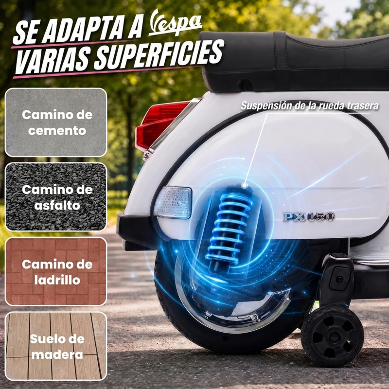 AIYAPLAY Moto Eléctrica Niños 12V Vespa PX150 Ruedas Auxiliares 2 Motores Suspensión Trasera Música Faros 3 km/h 3-6 Años Blanco
