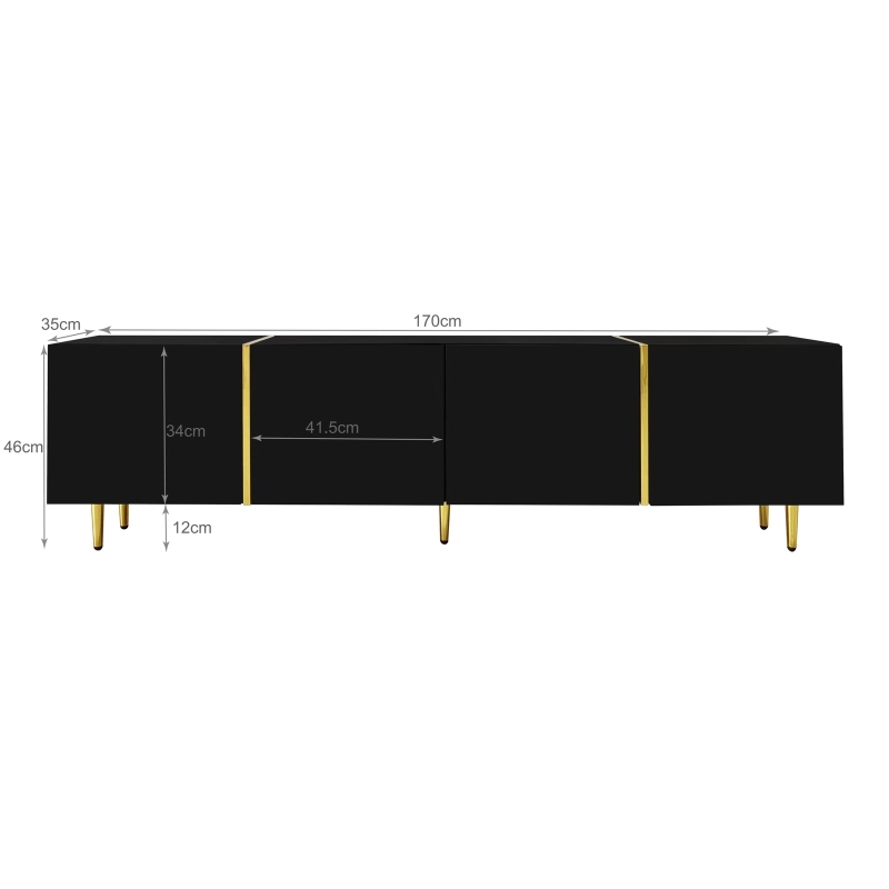 High-Gloss TV Cabinet with Four Soft-Close Doors, Modern Entertainment Stand for Living Room, 170L × 35W × 46H cm, Black+Gold