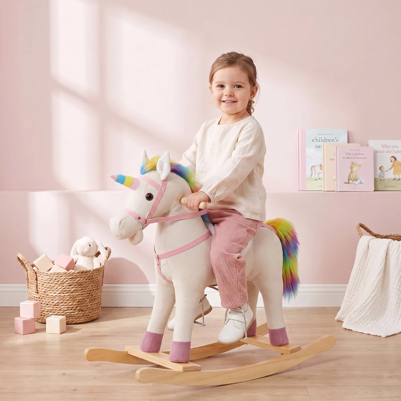 AIYAPLAY Caballito Balancín para Bebés Diseño Unicornio con Sonido Caballo Balancín Base de Madera para Niños 1-3 Años Crema