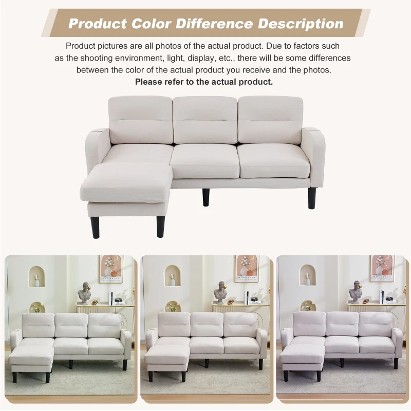 L-Shaped Sectional Sofa with Movable Chaise and Storage Pockets, Modern 3-Seater Corner Sofa for Living Room, 204L x 136W x 80H cm, Beige