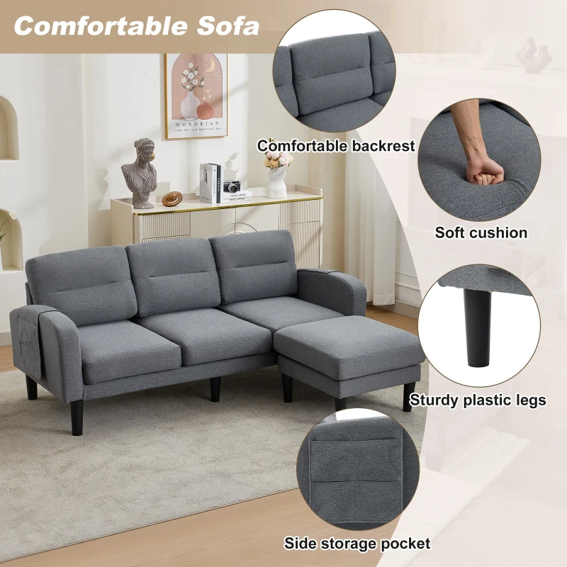 L-Shaped Sectional Sofa with Movable Chaise and Storage Pockets, Modular 3-Seater Corner Sofa for Living Room, 204L × 136W × 80H cm, Grey