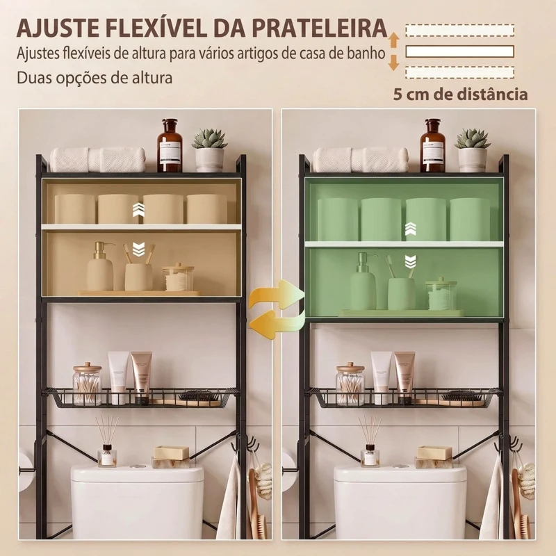 HOMCOM Móvel para Sanita de 3 Níveis com Porta-Rolos Prateleiras Ajustáveis Cesto Amovível e Ganchos Castanho Rústico