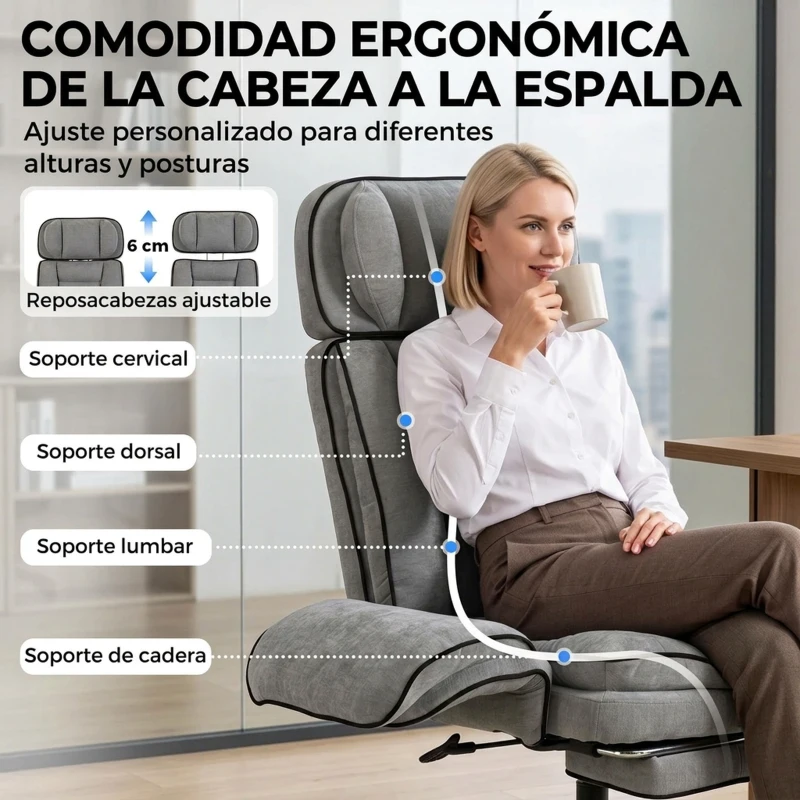 HOMCOM Silla de Escritorio con Reposapiés Reposabrazos Abatibles Respaldo Alto y Reclinable 145° Reposacabezas Ajustable Gris