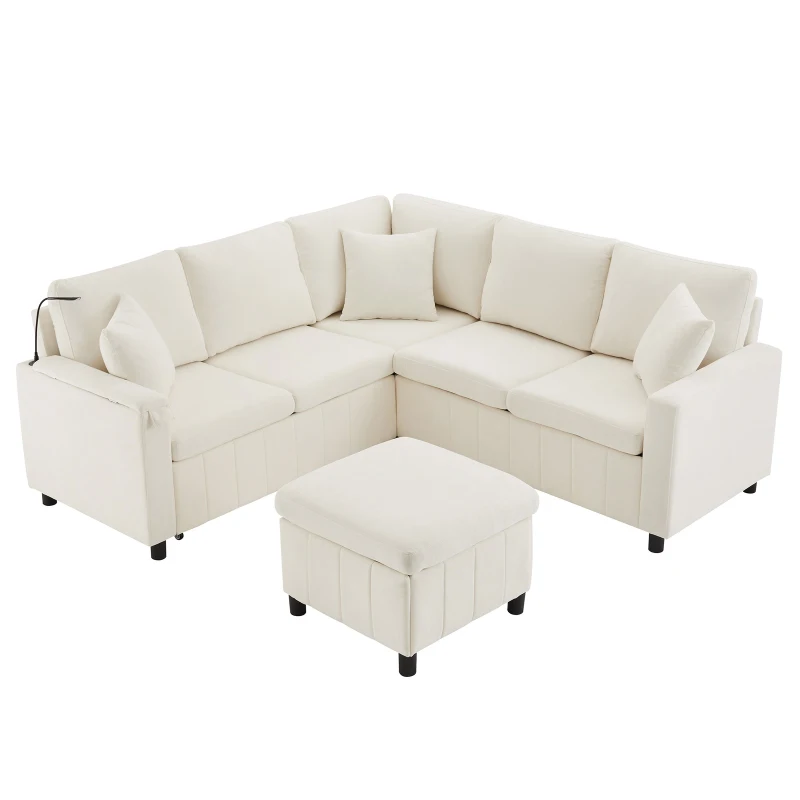 Modern Corner Sofa Bed with Reading Lamp and Fold-Out Cup Holder Table, Soft Pull-Out Sleeper Couch with Ottoman, 205L x 205W x 85H cm, Beige