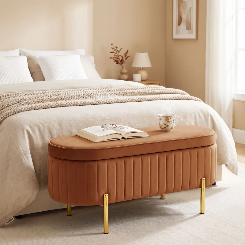HOMCOM Banco Baú Oval de 72L com Tampo Rebatível, em Tecido Aveludado e Madeira, 108x44x43.5 cm, Marrom Dourado