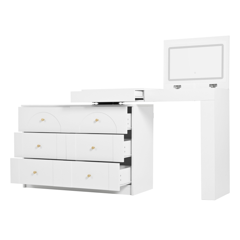 Modern L-Shaped Vanity Desk with 7 Storage Drawers, Adjustable Makeup Table Dressing Console with LED Flip Mirror, 200L x 40W x 80H cm, White