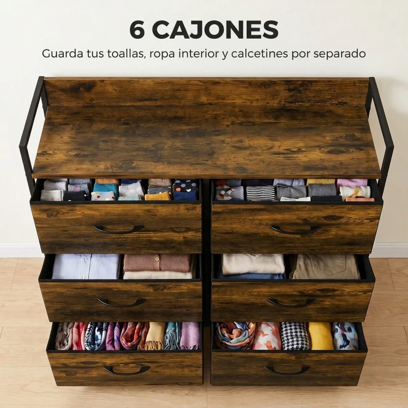 HOMCOM Cómoda con 6 Cajones Plegables Cajonera de Tela con Estructura de Acero Estilo Industrial 79x29x85 cm Marrón Rústico