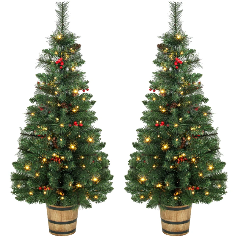 HOMCOM 2 PCs Prelit Christmas Trees with Dual-Colour LEDs, Berry, Pinecones, Battery-Operated, 11 Modes, Pot, Remote, 4ft