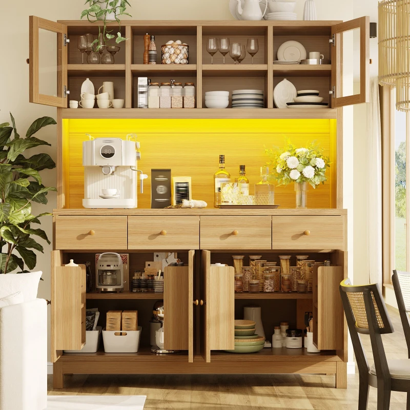 Modern Tall Buffet Cabinet with App-Controlled RGB LED, Versatile Storage Cabinet for Kitchen and Dining Room, 140L x 38.5W x 180H cm, Natural