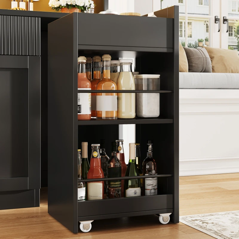 Kitchen Cabinet with App-Controlled RGB LED and Glass Display, Storage Cabinet with Roll-Out Shelves and Drawers, 120L x 40W x 187H cm, Black
