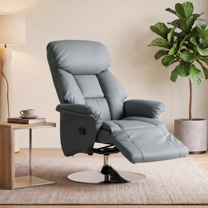 HOMCOM Poltrona Relax Girevole Reclinabile 130° con Poggiapiedi, Braccioli Svasati, in Finta Pelle, Grigio