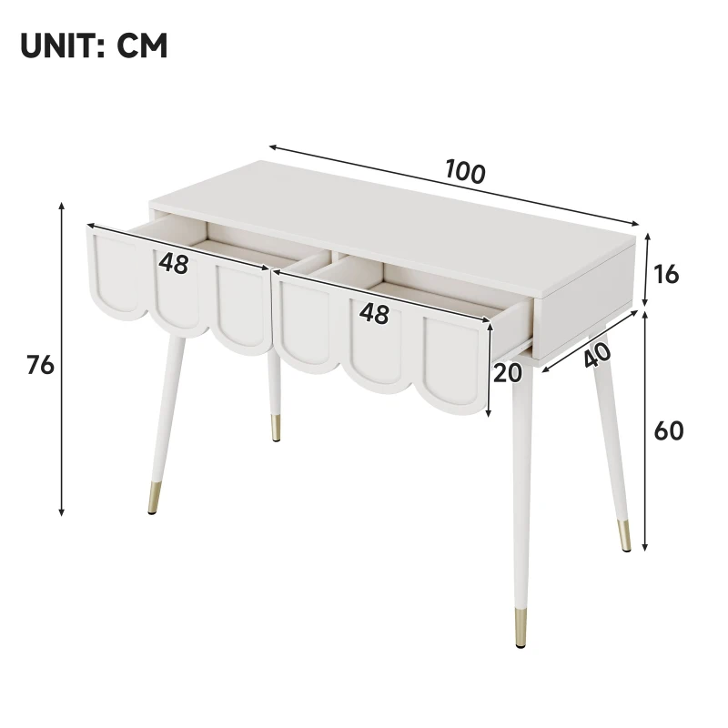 Modern Wooden Vanity Desk with 2 Cloud-Shaped Drawers, Multi-Functional Dressing Console Table with Metal Legs, 100L x 40W x 76H cm, White