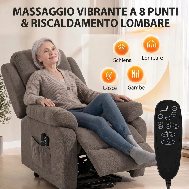 HOMCOM Poltrona Alzapersona Elettrica Reclinabile con Massaggio e Riscaldamento in Tessuto, Marrone Chiaro