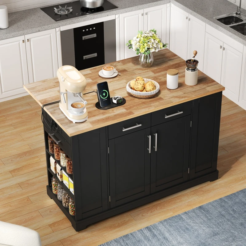 Modern Rolling Kitchen Island Trolley with Woodgrain Worktop, Mobile Storage Cart Unit with Pull-Out Bin Compartment, 138L x 86W x 92H cm, Black