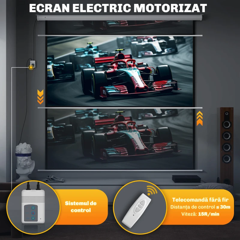 HOMCOM Ecran Proiector Motorizat de 120" cu Telecomandă, din Plastic și Metal, 236,5x8x236,5 cm, Alb