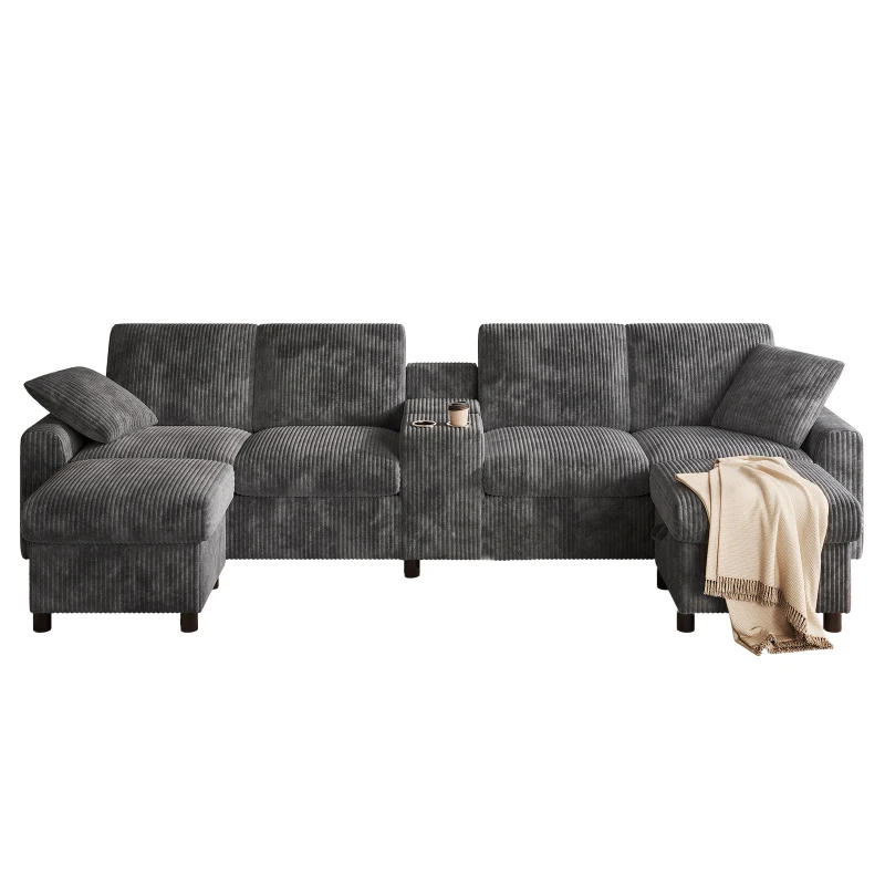 Modern Corduroy U-Shaped Sectional Sofa with 2 Movable Storage Ottomans, Soft Convertible Couch with 2 Type-C Charging Ports, 315L x 135W x 81H cm, Grey