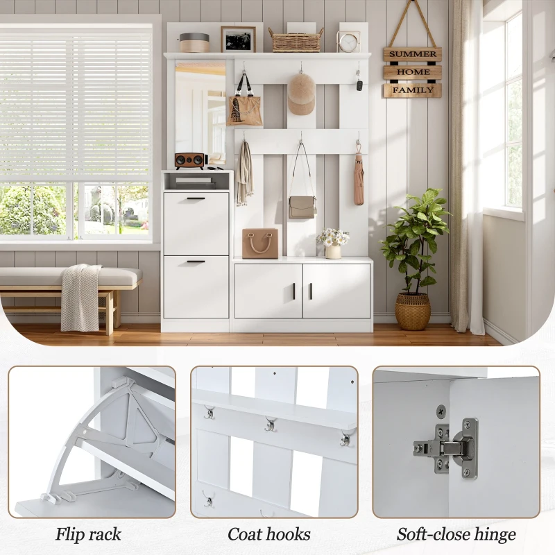 Modern Hall Tree with Coat Rack, Mirror and Shoe Bench, Space-Saving Entryway Unit with 6 Hooks and Flip Cabinets, 120L x 30W x 180H cm, White