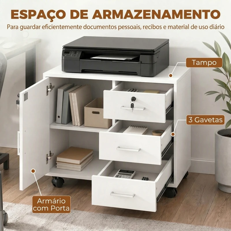 HOMCOM Móvel para Impressora com Rodas, Mesa com Porta e 3 Gavetas, Fechaduras, Prateleira Ajustável, Branco