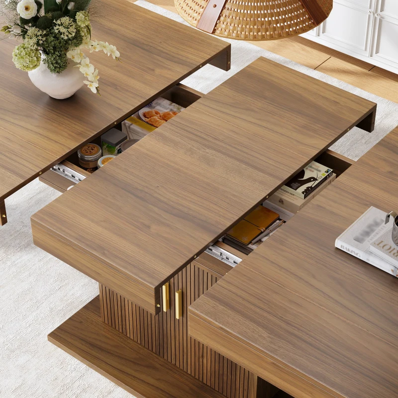 Extendable Dining Table with Integrated Storage, Space-Saving Kitchen Table with Grooved Doors and Shelves, 140-180L x 90W x 75H cm, Walnut
