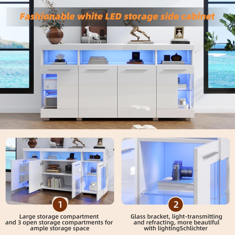 High-Gloss Sideboard with Bluetooth LED Lighting, Modern Storage Cabinet with 3-Tier Tempered Glass Shelves, 140L x 40W x 70H cm, White