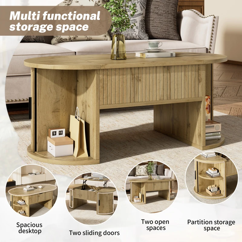 Modern Height-Adjustable Coffee Table with Storage and Sliding Doors, Space-Saving Storage Table for Apartments, 100L x 50W x 40.5H cm, Wood