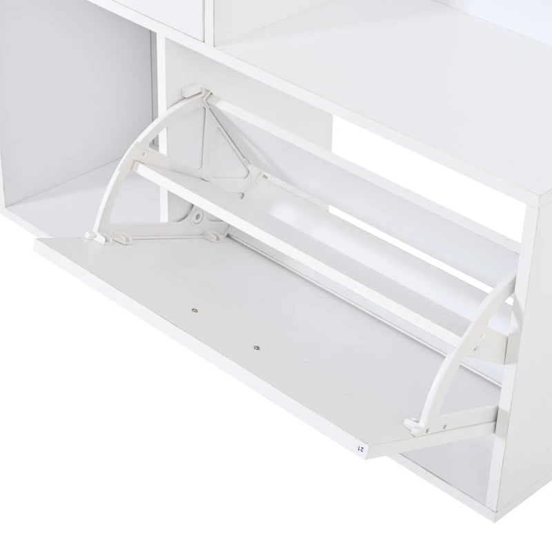 Modern Hall Tree with Mirror and Fold-Out Shoe Rack, Space-Saving Entryway Organizer with 3 Hooks and Drawers, 90L x 30W x 180H cm, White
