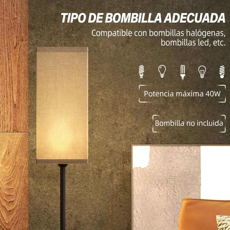 HOMCOM Lámpara de Pie con Pantalla de Efecto Lino Base E27, 40W Interruptor de Pedal para Dormitorio Oficina Negro