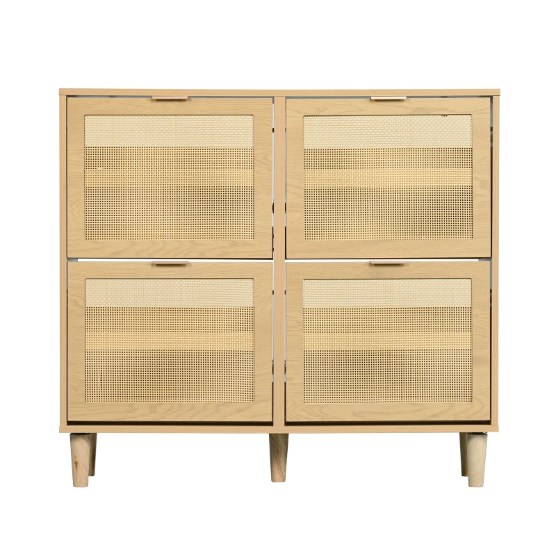 Modern Rattan Shoe Cabinet with 4 Flip Drawers, Space-Saving Storage Organiser Cupboard with Adjustable Shelves, 100L x 25W x 90.5H cm, Light Oak
