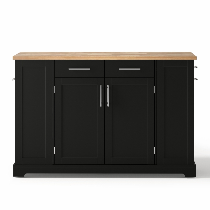 Modern Rolling Kitchen Island Trolley with Woodgrain Worktop, Mobile Storage Cart Unit with Pull-Out Bin Compartment, 138L x 86W x 92H cm, Black