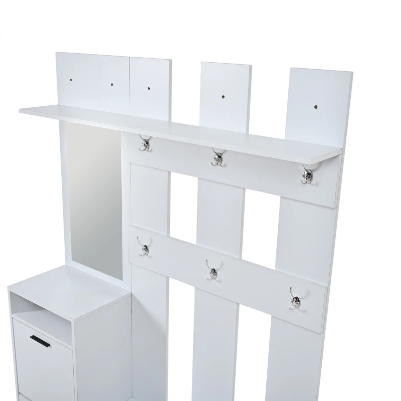 Modern Hall Tree with Coat Rack, Mirror and Shoe Bench, Space-Saving Entryway Unit with 6 Hooks and Flip Cabinets, 120L x 30W x 180H cm, White