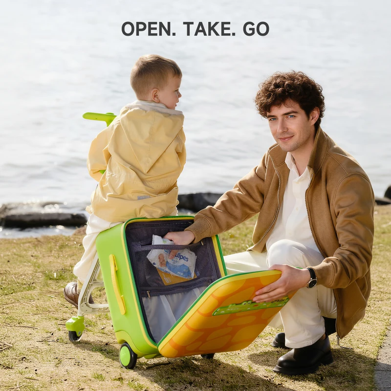 Fun Ride-On Kids Suitcase with 3-in-1 Stroller Function, Lightweight Trolley Cabin Luggage with One-Button Brake, 39L x 28.5W x 57H cm, Green