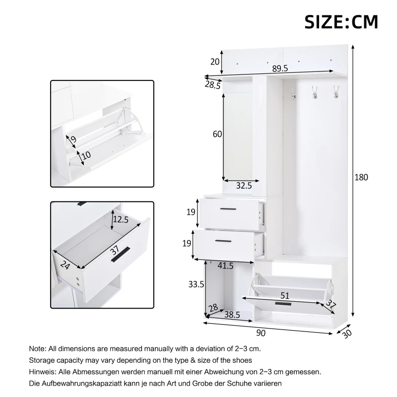 Modern Hall Tree with Mirror and Fold-Out Shoe Rack, Space-Saving Entryway Organizer with 3 Hooks and Drawers, 90L x 30W x 180H cm, White