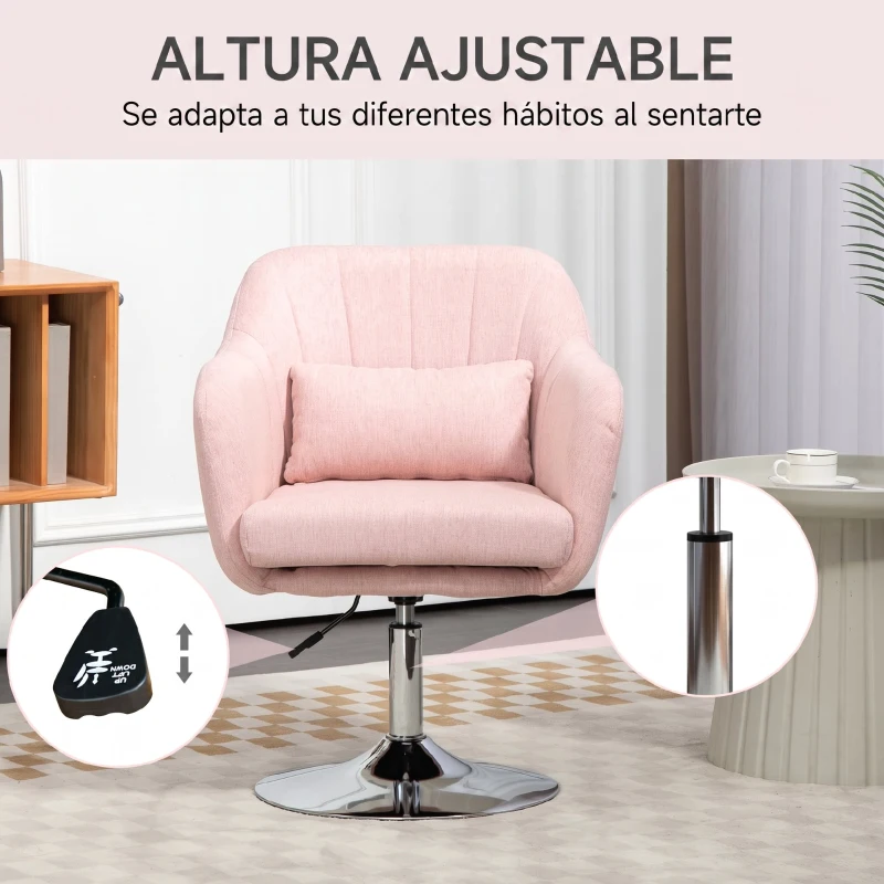 HOMCOM Sillón para Salón Giratorio 360° con Altura Ajustable Respaldo Envolvente Reposabrazos y Cojín 60x60x79-91 cm Rosa