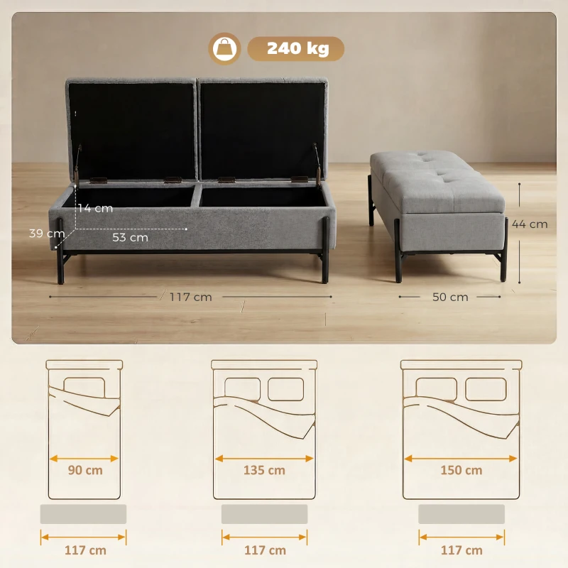 HOMCOM Sitztruhe aus Leinen, Bettbank mit 2 Fächern, klappbaren Deckeln und extra dicker Polsterung, 117 x 50 x 44 cm