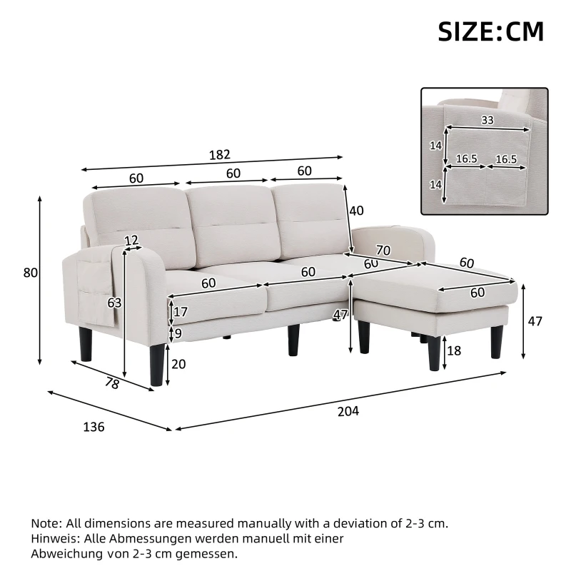 L-Shaped Sectional Sofa with Movable Chaise and Storage Pockets, Modern 3-Seater Corner Sofa for Living Room, 204L x 136W x 80H cm, Beige